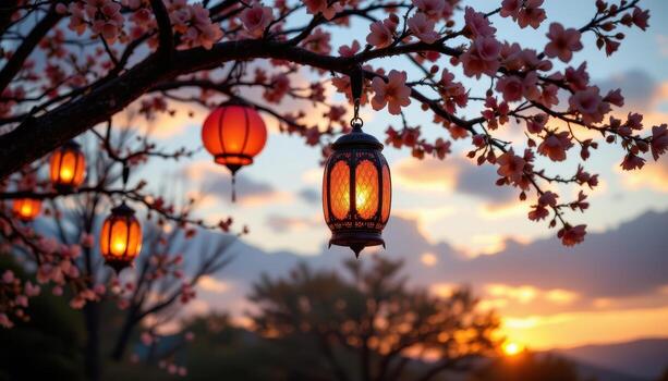 beautiful lanterns sway gently in the wind on a flowering tree at sunset, quiet, no humans, no animals. photo