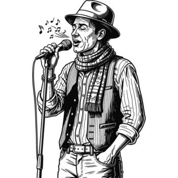 Dynamic line art portrait of a singer performing with passion and style vector