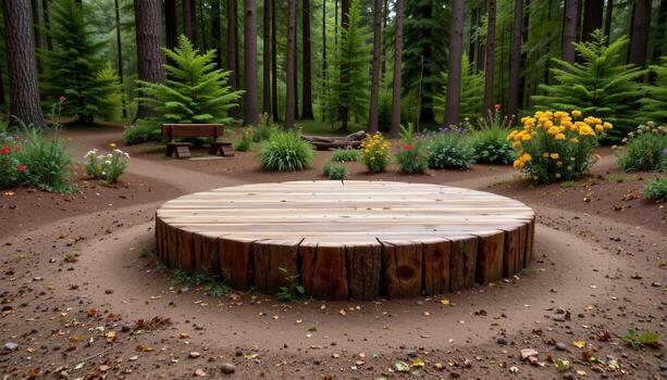 rustic wooden podium in circular shape surrounded by lush forest, no humans or animals, peaceful, calm, serene, tranquil scene. photo
