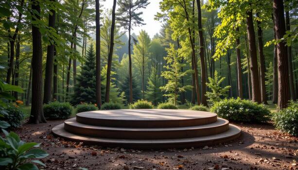 mínimo de madera podio rodeado por verde árboles, completamente vacío, tranquilo bosque estado animico mantenido. foto
