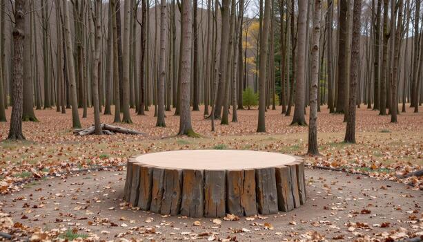 rustic cylindrical podium with forest scenery behind, void of creatures or humans, peaceful outdoor setting. photo