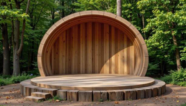 rustic wooden cylinder stage in front of dense green trees, void of life, peaceful and quiet nature scene. photo