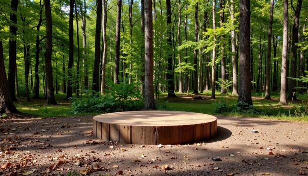 wooden podium with forest backdrop, circular shape, empty, calm, tranquil, harmonious outdoor natural scene. photo
