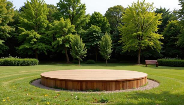 wooden podium in circular shape in front of lush green trees, empty, calm, serene, peaceful, tranquil, harmonious outdoor scene. photo