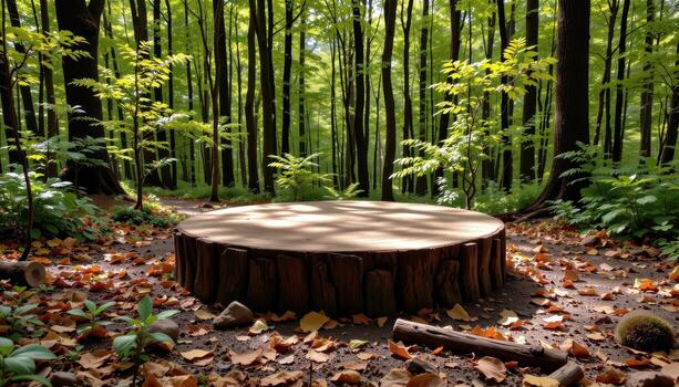 rustic wooden podium in circular shape surrounded by leafy forest, void of humans or animals, peaceful, calm, serene, tranquil environment. photo