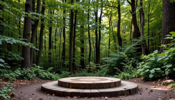 rustic wooden podium in front of dense forest, circular shape, no living beings, calm, serene, peaceful, tranquil natural environment. photo