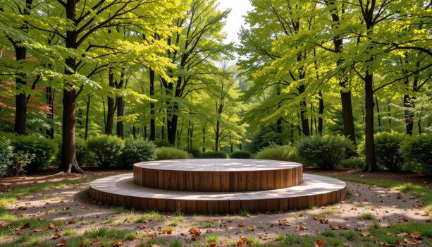 wooden podium in circular shape surrounded by vibrant green trees, empty, calm, serene, harmonious, peaceful outdoor scene. photo
