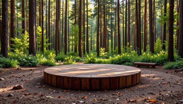 rustic wooden podium in circular shape surrounded by tall forest, void of creatures, peaceful, calm, serene, tranquil outdoor view. photo