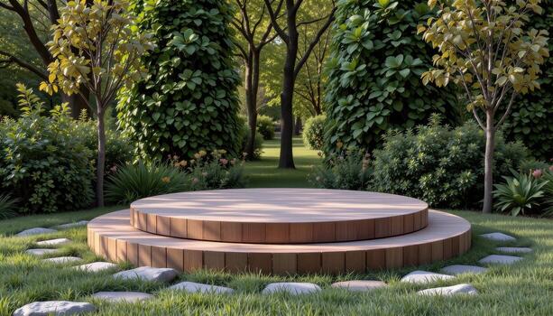 smooth wooden podium in front of leafy trees, circular shape, no living beings, calm, serene, tranquil, harmonious natural scene. photo
