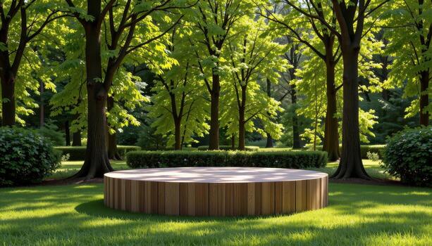 smooth wooden podium in front of leafy trees, circular shape, void of creatures, peaceful, calm, serene, tranquil, harmonious outdoor scene. photo