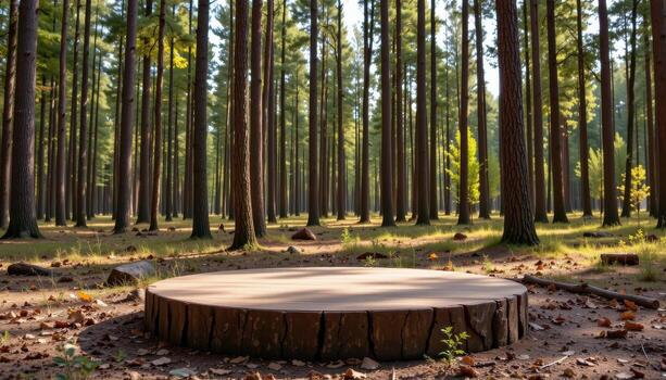smooth wooden podium in forest clearing with tall green trees, void of life, calm, serene outdoor environment. photo