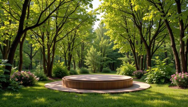 smooth wooden podium standing amidst tall green trees, circular shape, empty, serene, calm, tranquil, harmonious scene. photo