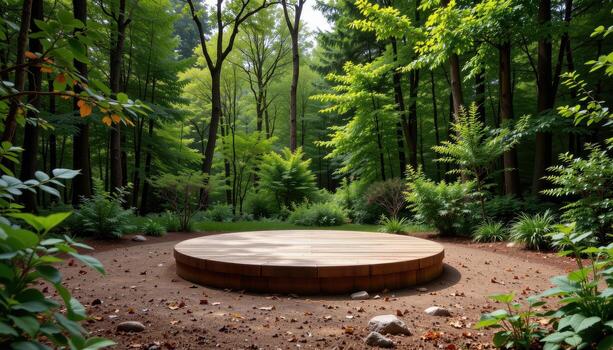 wooden circular podium surrounded by dense green forest, empty, calm, serene, peaceful, tranquil, harmonious outdoor view. photo
