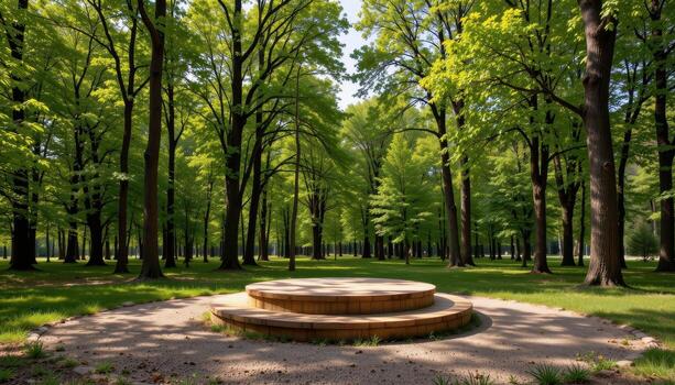 wooden podium standing amidst tall green trees, circular shape, empty, serene, calm, harmonious outdoor view. photo