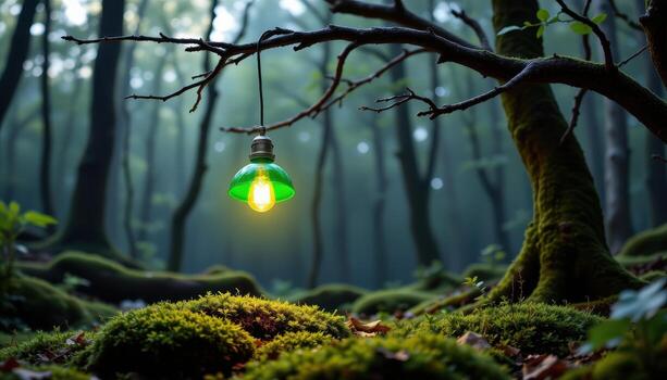 suspended luminous green lamp from twisted branches, soft light illuminates moss, serene forest, empty. photo