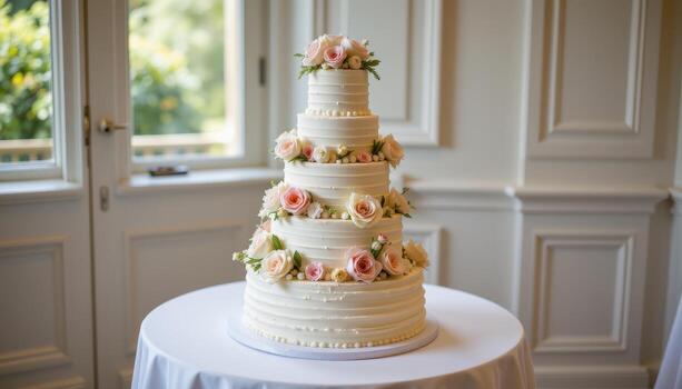 multi layered wedding cake with soft pastel blossoms, displayed beautifully on a sleek white table. photo