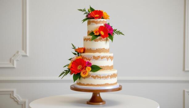 multi layer wedding cake adorned with bright blooms, standing gracefully on a modern minimalist table. photo