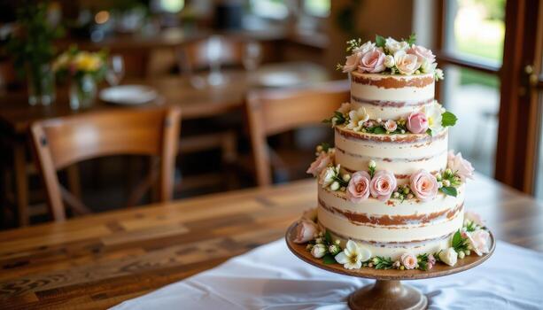 multi layered wedding cake with delicate summer flowers on a polished rustic dining table elegantly. photo