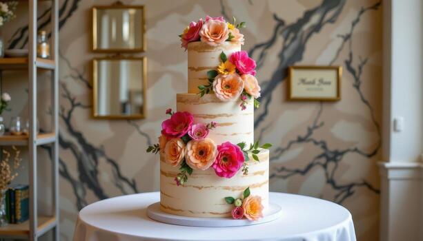 multi layer wedding cake adorned with vibrant blooms, standing gracefully on a sleek round table. photo