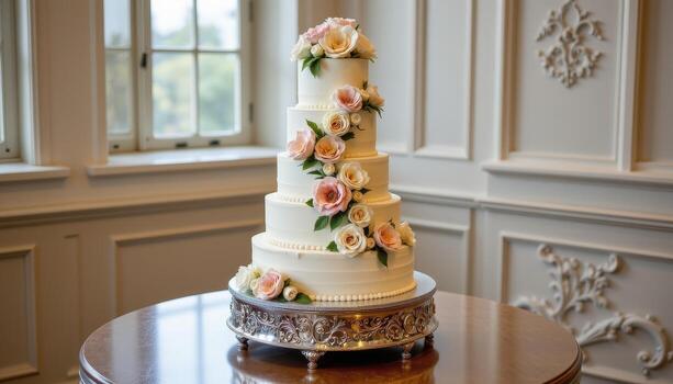 multi layer wedding cake decorated with soft pastel blossoms, standing gracefully on a polished table. photo