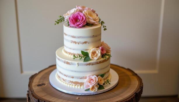 elegant multi layered cake with pastel floral arrangements, displayed on a rustic round wooden table. photo