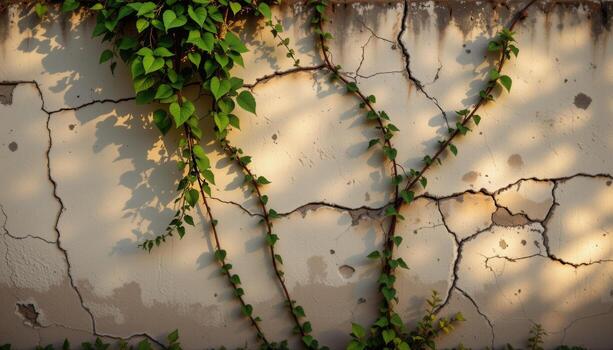 ancient stucco garden wall with cracks and vines, soft morning light creating peaceful textured scene. photo