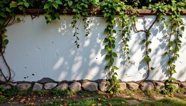 whitewashed stone wall in quiet garden, moss and vines growing, sunlight creating soft glowing textured pattern. photo
