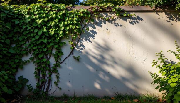 tall garden wall with climbing ivy, quiet atmosphere, shadows forming delicate patterns on textured surface. photo