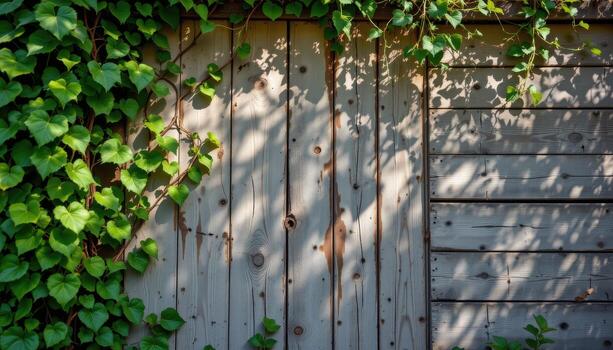 rustic wooden garden wall covered in ivy, dappled sunlight creating patterns on the aged natural surface. photo
