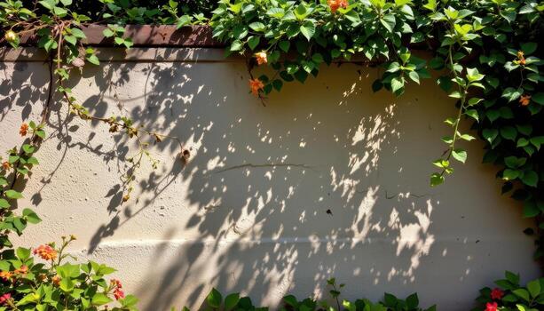ancient stucco garden wall partially hidden by foliage, sunlight creating warm patterns on rough textured surface. photo