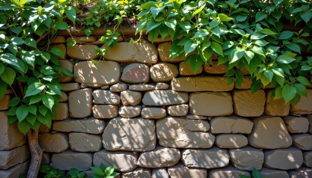 ancient stone wall partially hidden by foliage, sunlight streaming through leaves, creating serene quiet patterns today. photo