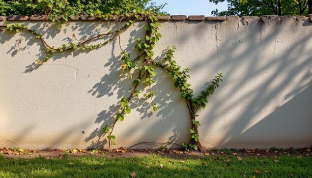 low stucco wall with climbing vines, soft sunlight illuminating textured surface, peaceful quiet empty garden corner today. photo