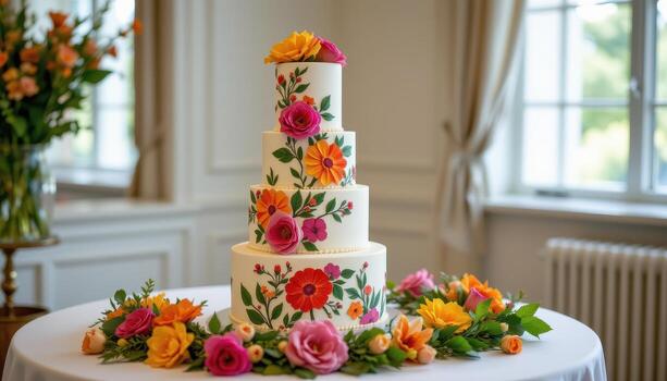 a stunning wedding cake adorned with bright floral patterns on a modern minimalistic table. photo