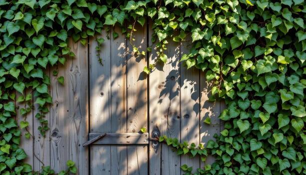 rustic wooden garden wall covered in ivy, dappled sunlight creating patterns on the aged surface. photo