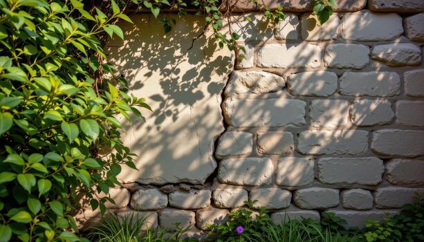 ancient stucco garden wall partially hidden by foliage, sunlight creating warm patterns on rough surface. photo
