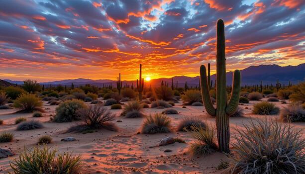 the desert transforms at sunset, cacti casting shadows across the golden sands under a colorful, glowing sky. photo