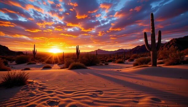 desert transforms at sunset, cacti casting stark shadows on rippled sand beneath vibrant sky. photo