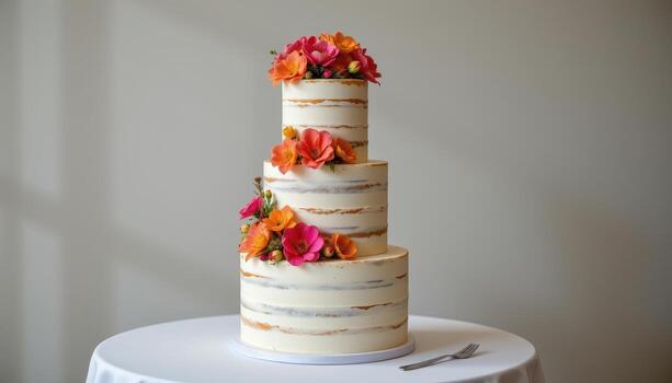 multi layered wedding cake adorned with bright blossoms displayed perfectly on a sleek minimalist table. photo