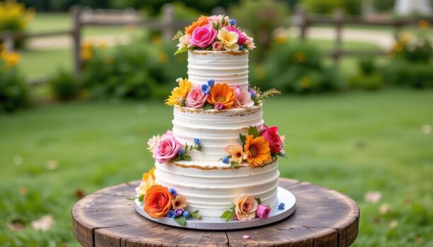 multi layered wedding cake adorned with colorful blossoms sitting gracefully on a rustic round table. photo