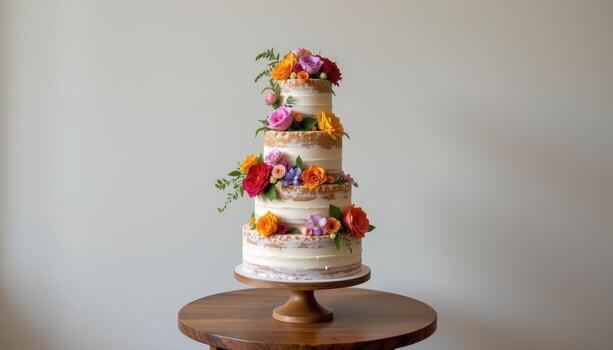 multi layered wedding cake covered in colorful flowers standing elegantly on a simple round wooden table. photo
