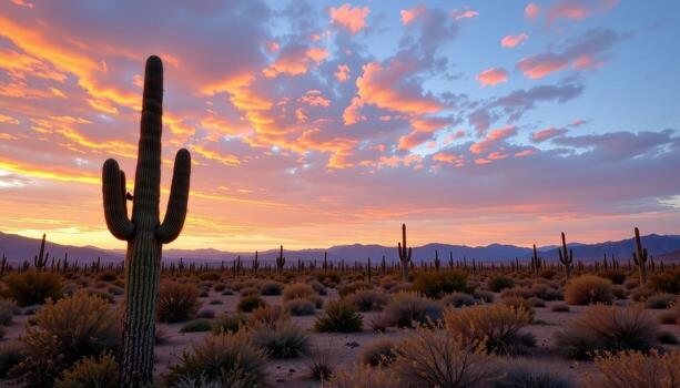 endless desert plains at dusk, with cacti outlined in the warm glow of the setting sun and soft pink clouds. photo