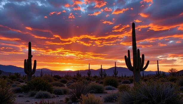 the desert glows with fading sunlight, cacti outlined against clouds painted in deep reds, purples, and gold. photo