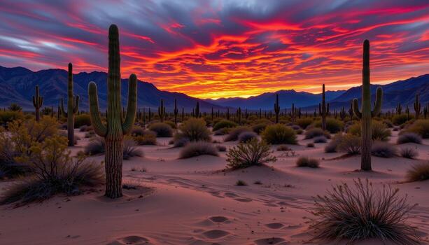 a serene desert scene at sunset, the sky ablaze with reds and purples, cacti outlined across golden sands. photo