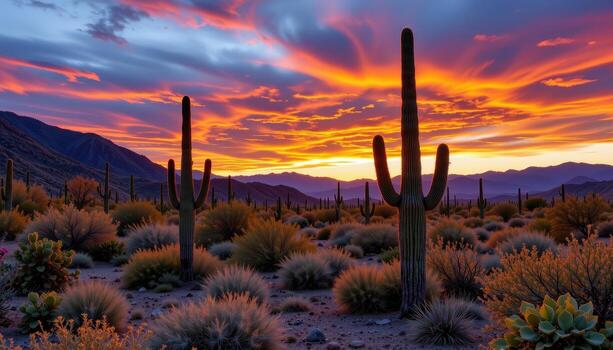 the desert glows under fading light, cacti outlined sharply against a sky painted with fiery tones. photo
