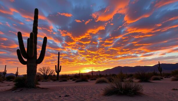 the desert transforms at sunset, cacti casting stark shadows on rippled sand beneath vibrant clouds. photo