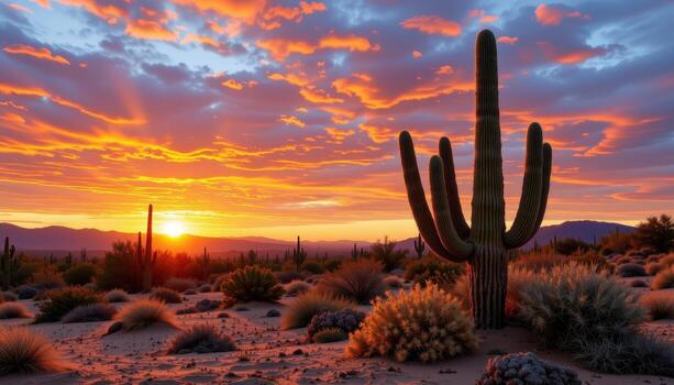 desert transforms at sunset, cacti casting shadows over golden sand beneath a vibrant, colorful sky. photo