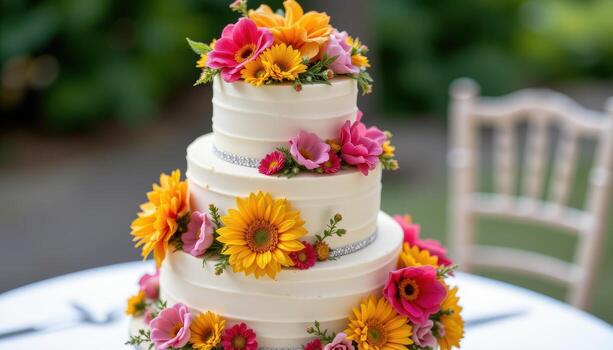 multi layered wedding cake decorated with vivid summer flowers displayed elegantly on a table. photo