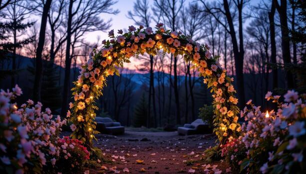softly lit flower arch at twilight, warm lights sparkling, framed by serene untouched forest clearing. photo