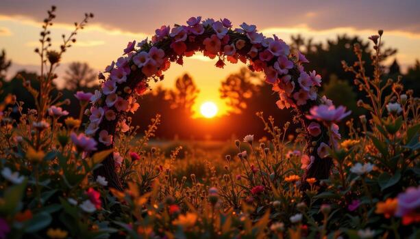 sunset behind a flower arch, warm lights sparkling softly, framed by quiet untouched meadow and plants. photo