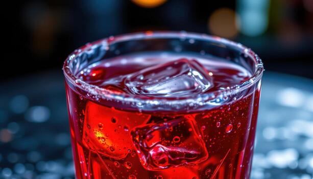 a glowing red cocktail in a tall glass, condensation forming patterns, ice cubes sparkling subtly. photo